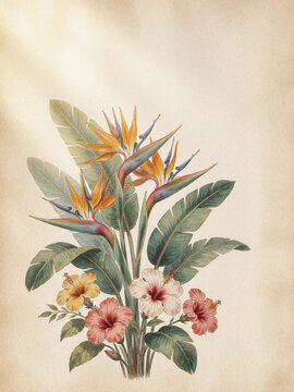 Vintage Botanical Illustration of Bird of Paradise and Hibiscus Flower