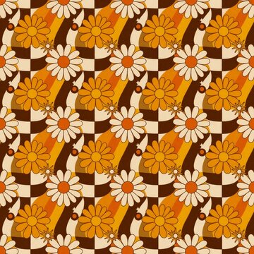 Seamless Retro 70s Daisy Floral Pattern in Orange and Brown