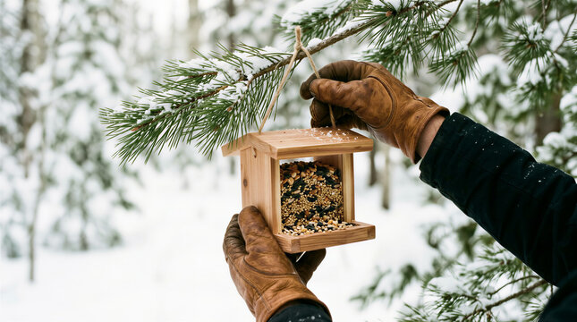 Person hanging wooden bird feeder filled with seeds on snowy pine tree branch. Wildlife care, winter garden, outdoor hobby, nature conservation.