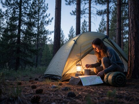 Woman camping in forest at dusk reading map by lantern light