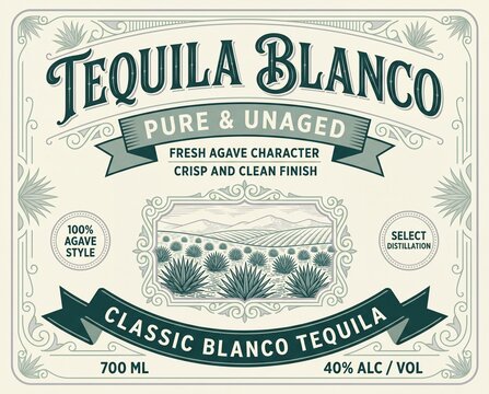 Design of a tequila label showing agave plants with details about its quality and production time
