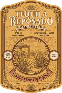 Creative cute print of a tequila label featuring oak barrels and agave plants in a simple, clear design