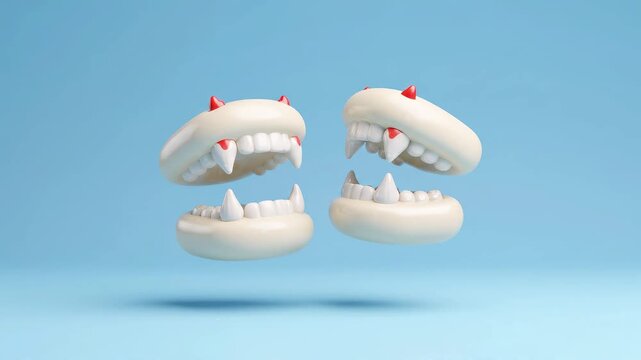 Playful 3D rendering of two sets of vampire fangs with devil horns, wiggling on a light blue background.