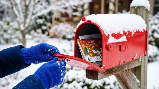 Hands in blue gloves opening red mailbox filled with holiday cards. Winter, Christmas season, greeting card delivery, postal service.