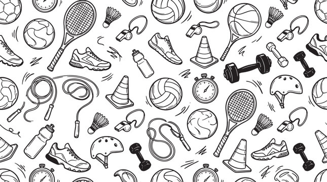 Hand drawn sports equipment pattern with balls rackets and fitness gear in a doodle vector style