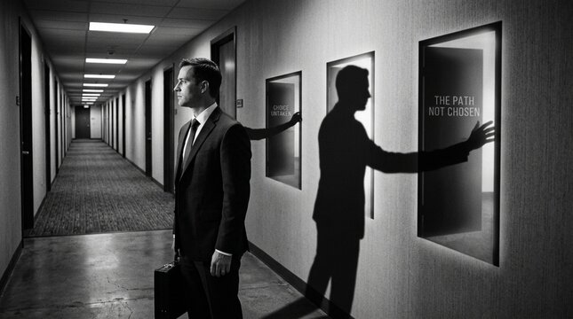 Businessman choosing between doors in surreal office hallway, decision making concept