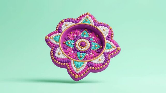 This ornate Diya lamp, adorned with traditional Indian designs, gently spins, ideal for celebrating Diwali and other cultural festivals.
