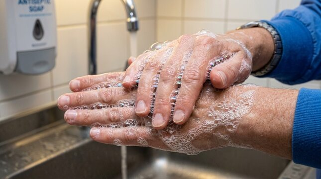 Hand Washing with Soap and Water in Bathroom Sink - Hygiene and Cleanliness