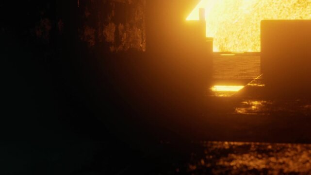 Bright light enters a dark area through an opening. The light creates a warm glow and highlights the surroundings. The scene shows atmosphere and shadow play in the space.