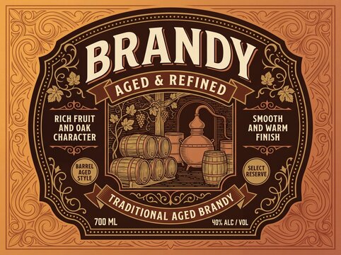 Brandy label design with illustrations of barrels and distillation equipment shows craftsmanship and tradition