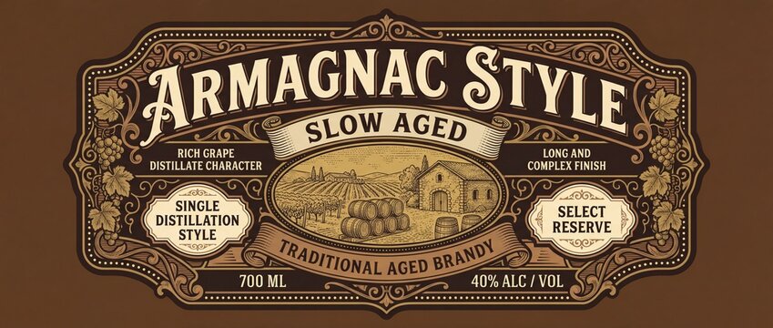 Creative cute print featuring Armagnac style traditional aged brandy bottle design with rich grape detail