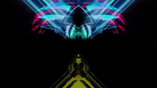 Pulsating futuristic neon tunnel loop featuring glowing laser geometry, sci-fi portals and vibrant cyber light effects for live stage backgrounds, concert screens, music videos.