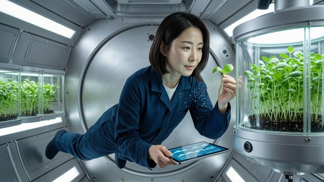 Science - Asian female astronaut floating in spaceship inspecting plants in a greenhouse