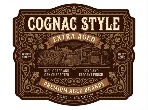 Creative print for cognac style brandy label showing style and details of aging process