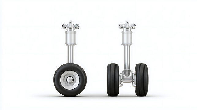 Detailed 3D render of modern aircraft landing gear assemblies with durable rubber tires and metal struts isolated on a clean white background