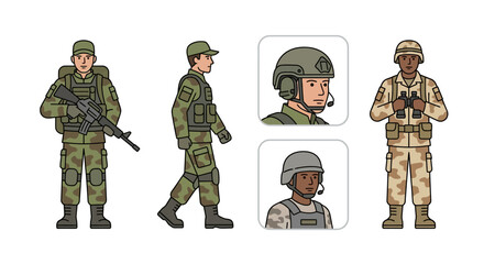 Naklejka premium Diverse Soldiers In Uniforms: Infantry, Combat, Military Personnel, Action Figures