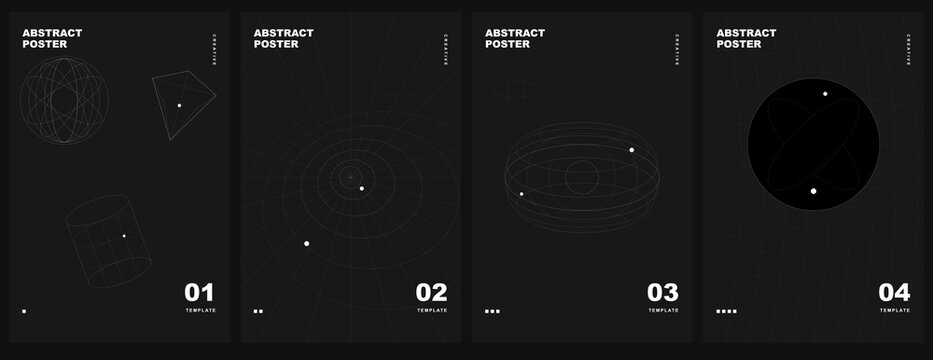 Set of four minimalist abstract posters with geometric wireframe designs on transparent background