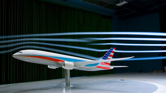 Aerodynamic wind tunnel test with commercial airplane model showing airflow lines, scientific research and aerospace engineering concept