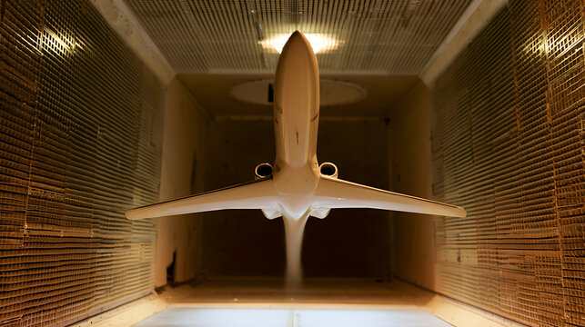 An aircraft model undergoing aerodynamic test in a modern industrial wind tunnel facility for research and development on aerodynamics