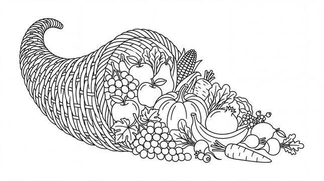 Cornucopia coloring page with autumn harvest. Thanksgiving horn of plenty line art. Fall fruit and vegetable basket illustration.
