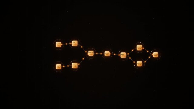 Digital data network flowchart visualization featuring connected nodes on black background.