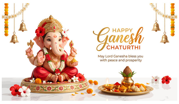 Realistic Lord Ganesha idol statue with puja thali and hanging bells for festival celebration banner background design