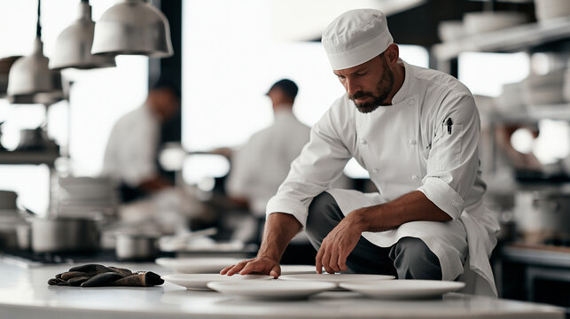A chef crouching beside a prep station listening closely for the sizzle of a reduction, worn leather gloves resting on the countertop nearby, the overcast kitchen skylight casting
