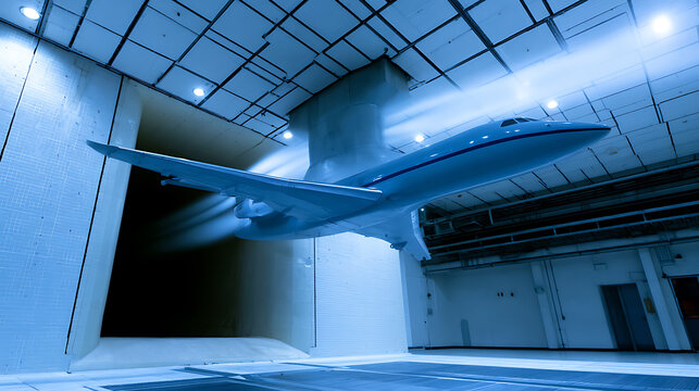 Aerodynamic wind tunnel test of a modern commercial airplane model in a high tech laboratory facility with blue lighting and airflow vfx