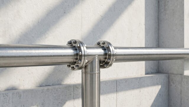 Horizontal stainless steel pipe with T-joint flange connections against a textured concrete wall