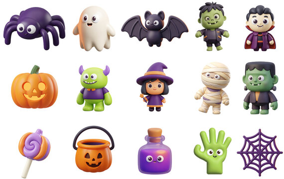 Collection of 15 cute Halloween 3D vector icons featuring monsters, ghost, witch, mummy, vampire, spider, pumpkin, potion bottle, candy, and spooky objects.