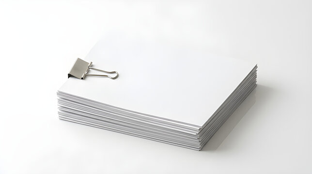 Stack of blank white paper sheets held together by a metal binder clip on white background