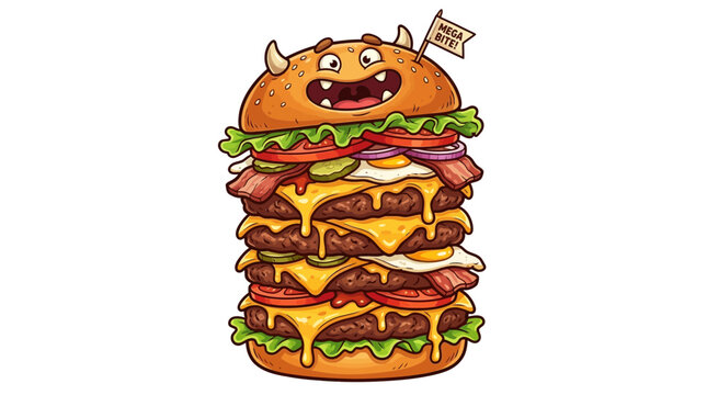 A fun cartoon illustration of a giant monster burger with multiple layers of beef cheese and bacon.