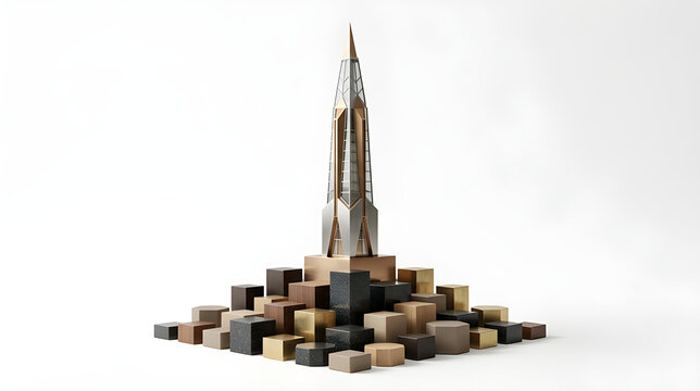 Art Deco skyscraper spire model rising from a pile of metallic and wooden cubes