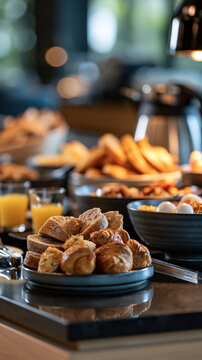 Luxurious morning buffet at a bright modern hotel featuring fresh bread pastries orange juice eggs and a variety of breakfast options luxury buffet modern hotel breakfast