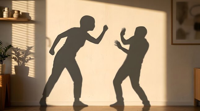 High energy action shadow silhouette of aggressive physical fight movement between two figures outdoor backdrop