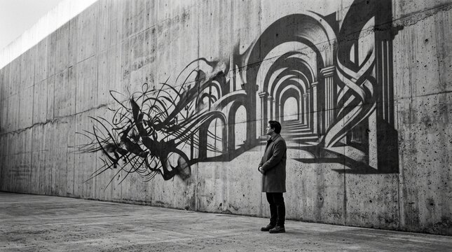 Man Gazes at Illusionary Arches Graffitied on Concrete Wall