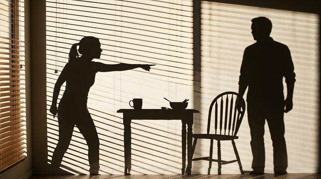 High contrast silhouette of angry woman pointing finger at man during domestic argument in kitchen behind window blinds