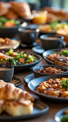 Obraz premium Brunch table in a bright coffee shop filled with all sorts of delicious food brunch table coffee shop breakfast spread variety of food cafe dining hospitality food styling