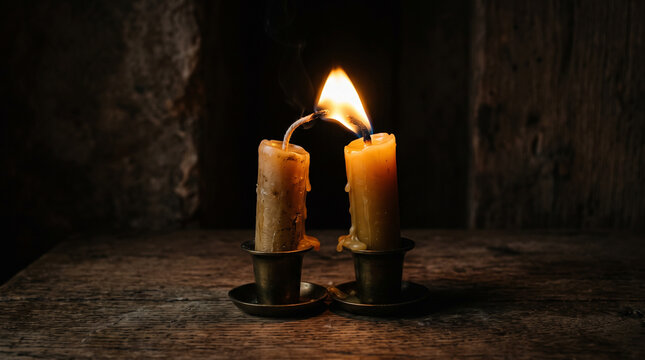 Two candles on wooden table with one flame lighting another in darkness