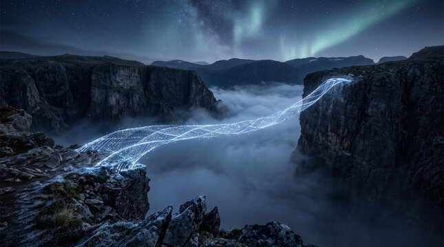 Glowing digital bridge connecting rocky cliffs over a foggy canyon under the aurora