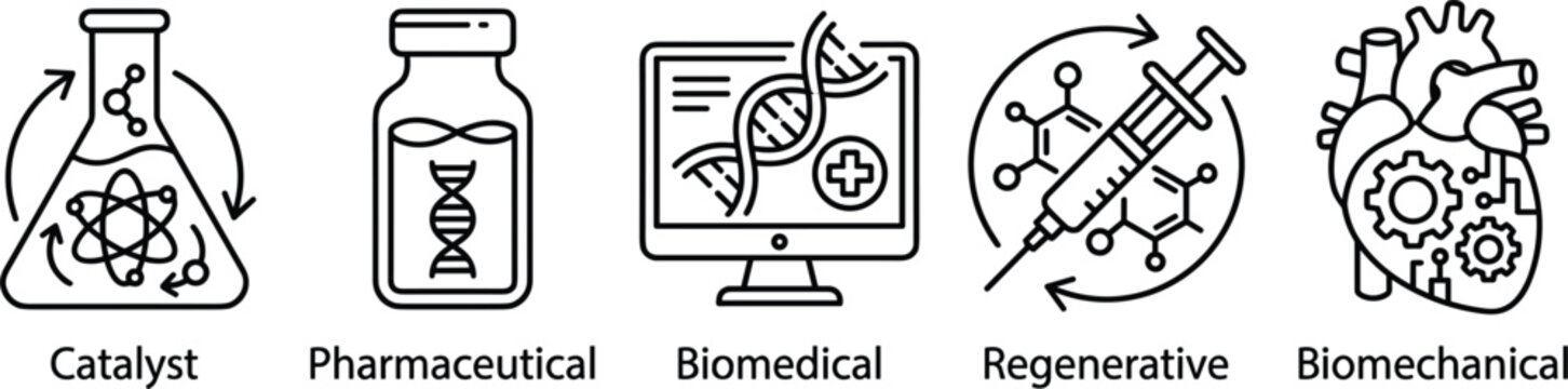 Advanced biotechnology and pharmaceutical research icons set for biomedical engineering regenerative medicine biomechanical heart science illustration
