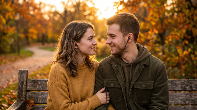Young couple sharing earphones on park bench in autumn looking lovingly at each other