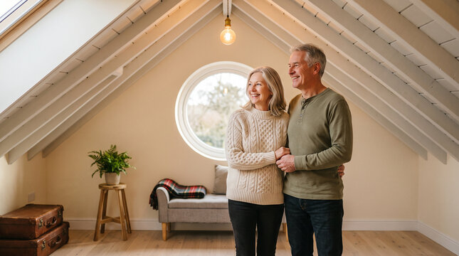 Mature couple embracing in cozy attic space with exposed beams and circular window
