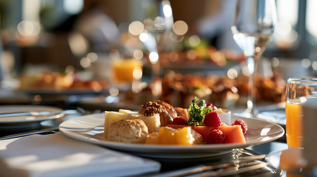 Breakfast spread arranged in a bright luxury hotel restaurant breakfast spread luxury hotel restaurant dining hospitality catering food display presentation morning meal