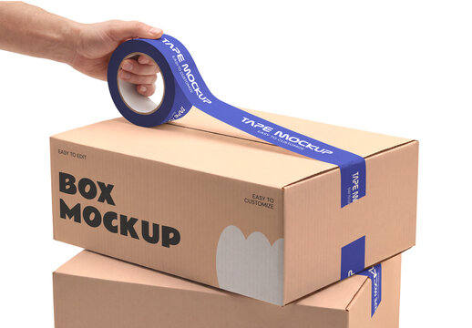 Hand Sealing Cardboard Box Mockup with Adhesive Tape Roll