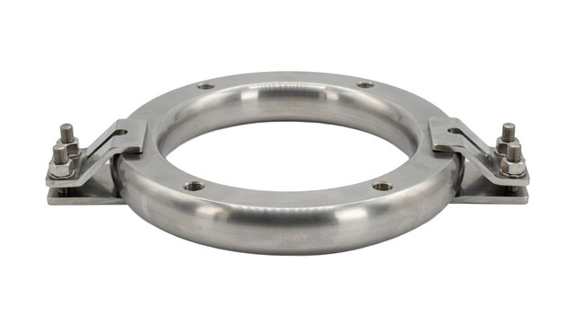 Circular stainless steel pipe clamp with mounting brackets and threaded bolts for industrial plumbing systems isolated on a transparent background