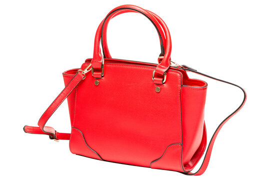 Bright red leather womens handbag isolated on white background. Elegant saffiano leather purse with strap three quarter view