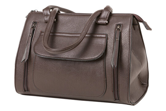 Dark brown textured leather womens handbag isolated on white background. Multi pocket tote purse side view