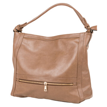Beige brown leather womens shoulder bag isolated on white background. Casual hobo purse side view