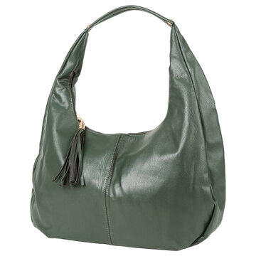 Dark green leather womens hobo bag with tassel isolated on white background. Casual shoulder purse side view